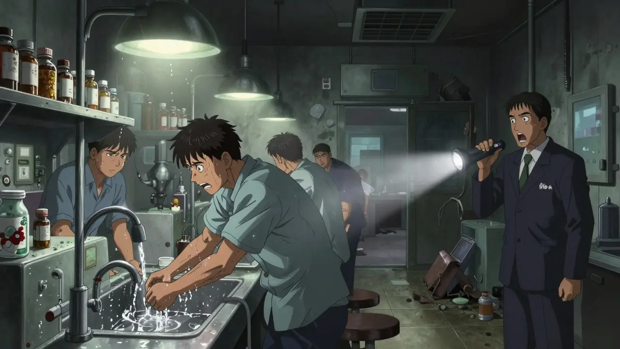 Workers in a dirty Indian drug factory wash equipment in a sink under flickering lights.