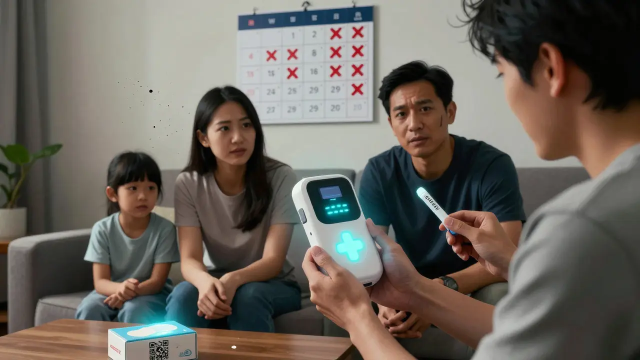 A family holds a smart first-aid kit with glowing notifications and a new EpiPen.