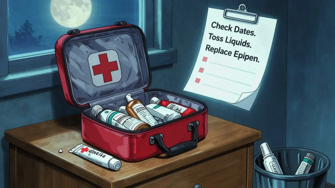 A hand checks a first-aid kit under moonlight, with a floating checklist and discarded cream.