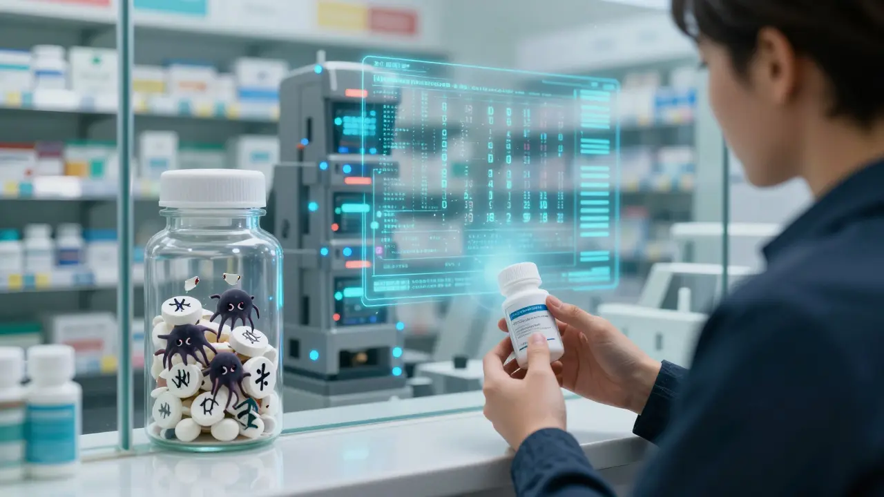 A patient holds a pill bottle while their reflection reveals counterfeit pills, digital security systems behind them.