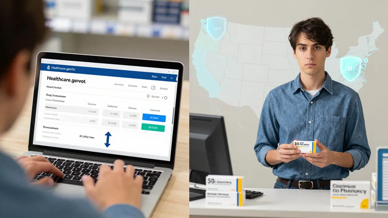 A person using a drug cost calculator on a laptop while receiving a 90-day prescription via mail-order.