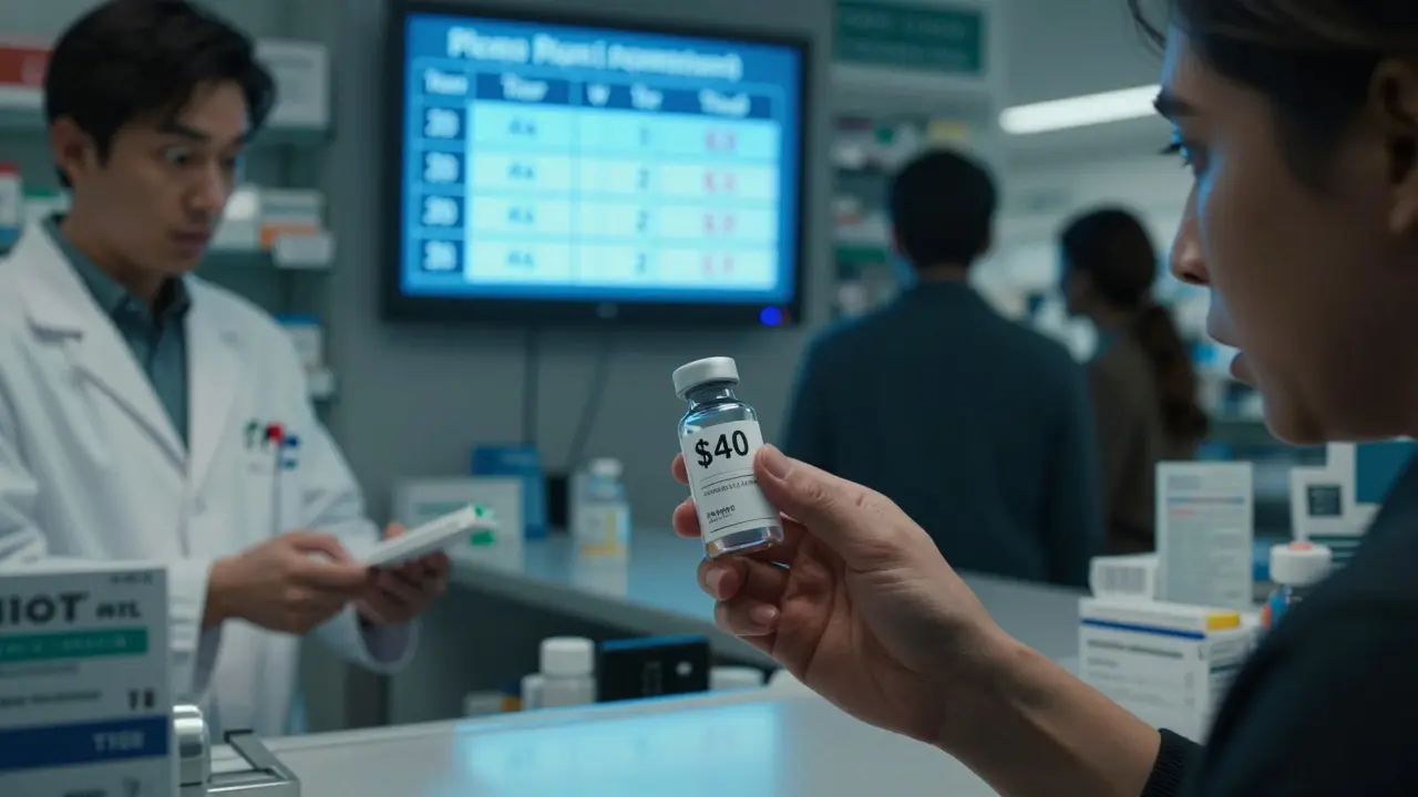 A shocked patient at a pharmacy counter seeing a  price tag for a generic medication.