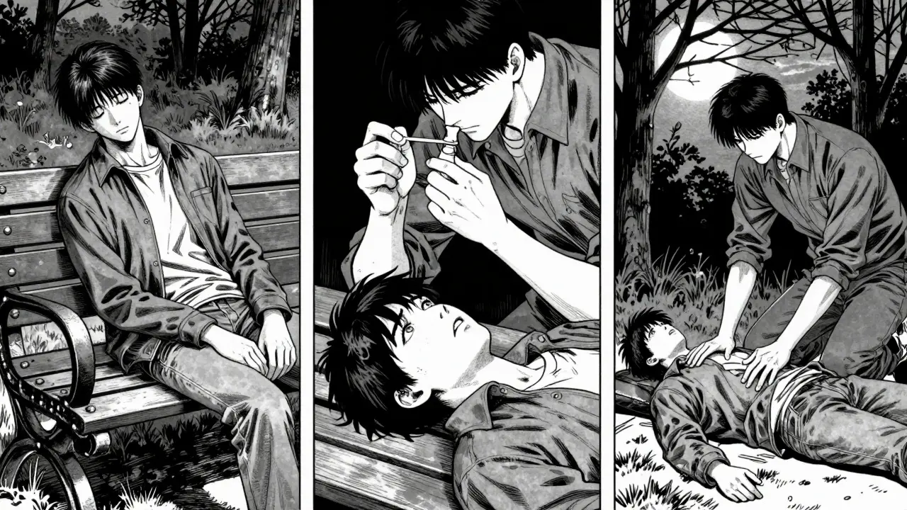 A teen overdosing, then being revived with naloxone and placed in recovery position under moonlight.