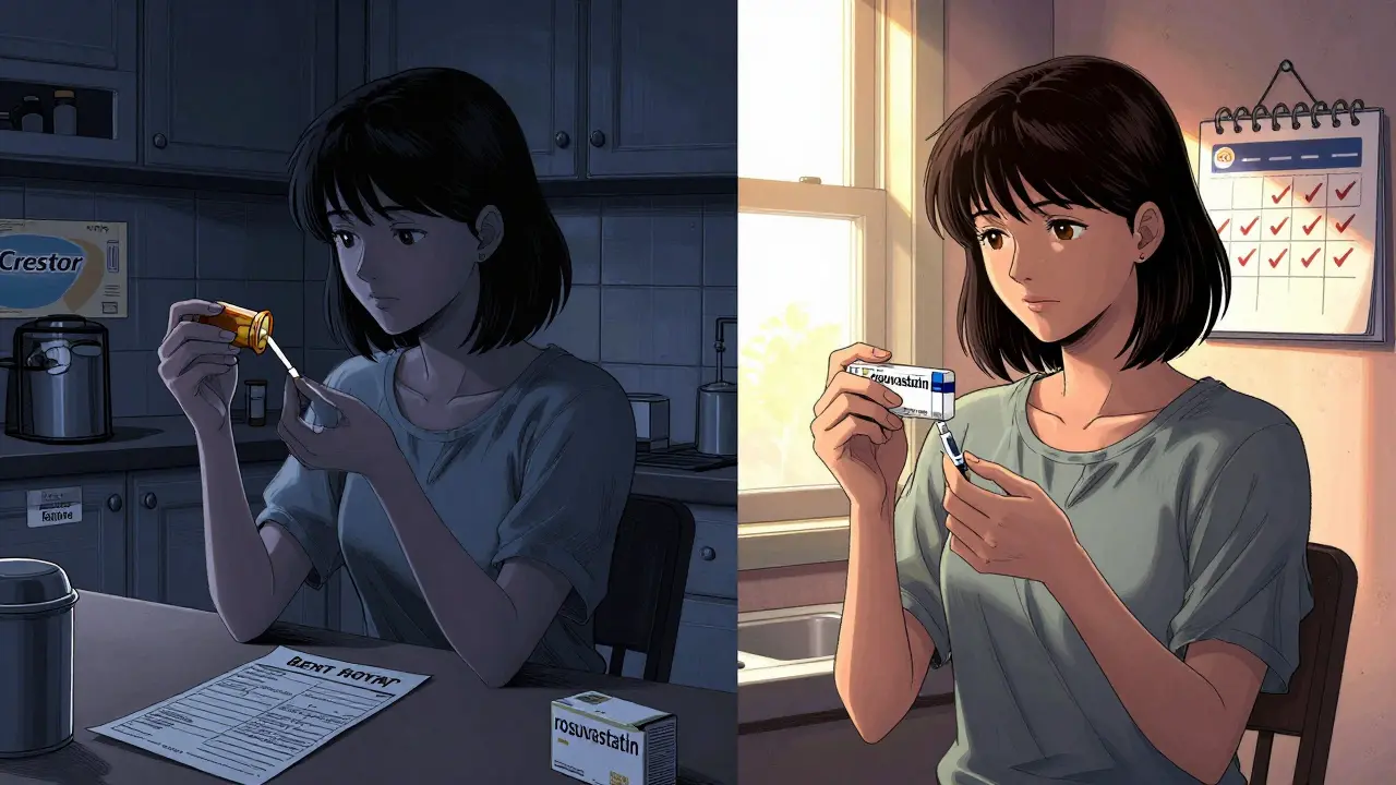 A woman skipping insulin in a dim kitchen versus taking it with sunlight, showing the impact of affordable medication.