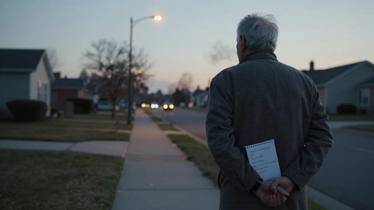 An elderly man walking at dusk, symbolizing lifelong heart health habits.