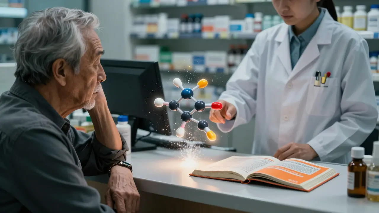 An elderly patient at a pharmacy with a pharmacist showing the Orange Book's molecular links.