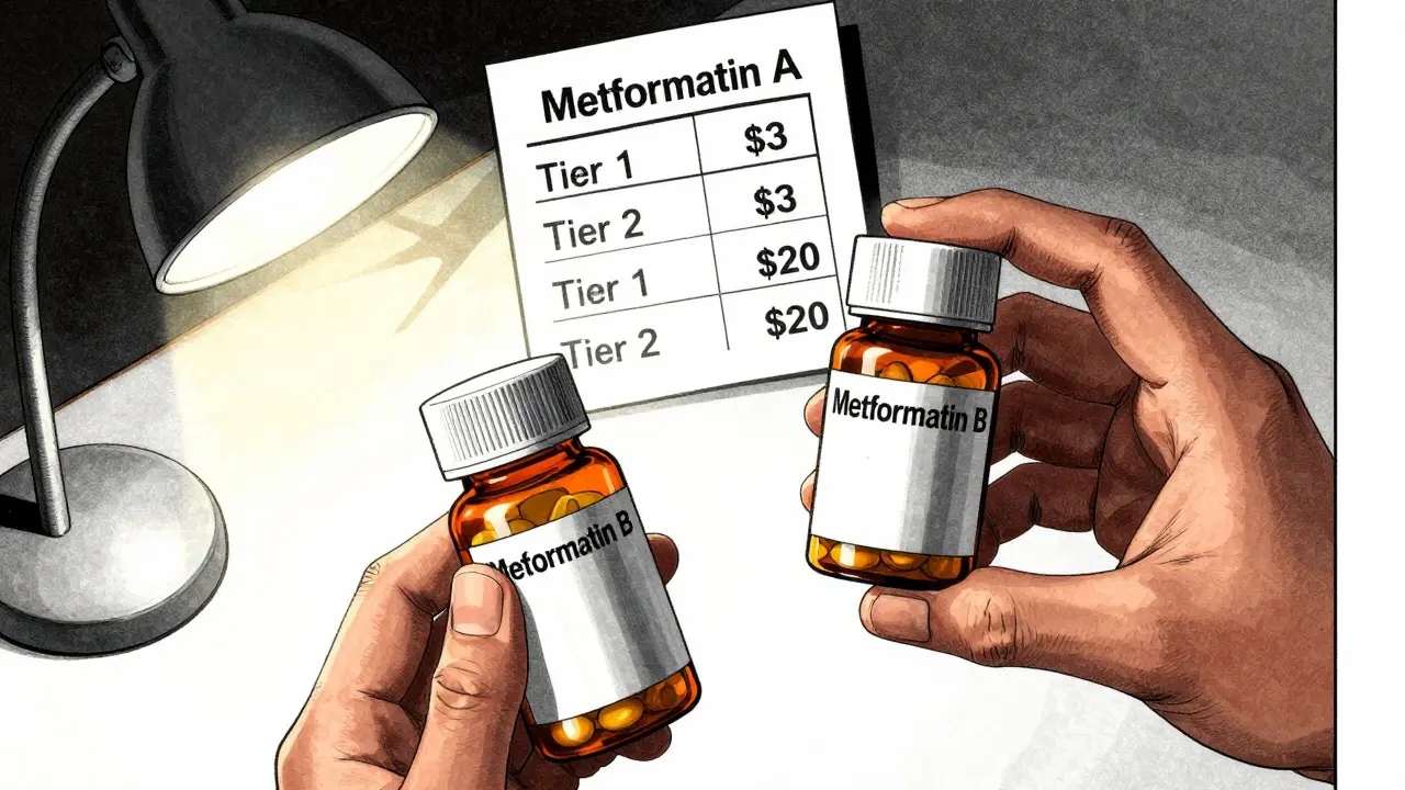 Close-up of two identical pill bottles with different pricing tiers on a formulary chart, lit by a harsh desk lamp.