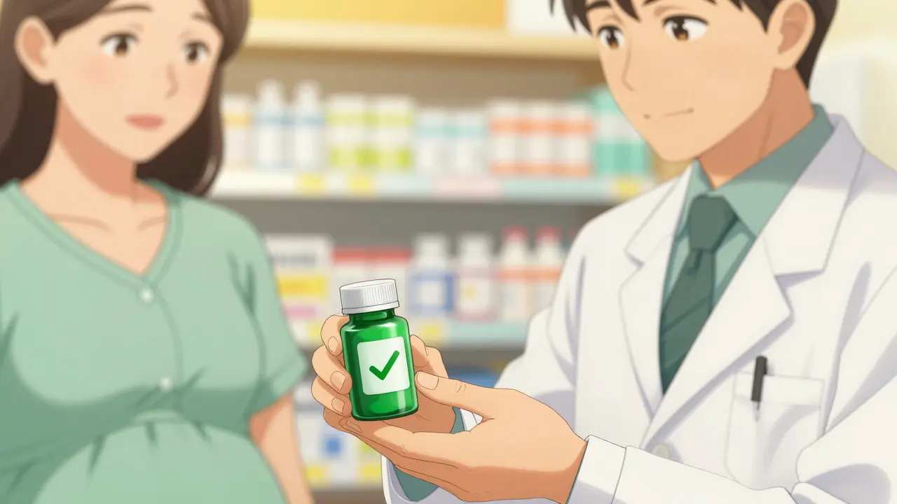 Doctor handing green pill bottle with checkmark to relieved pregnant woman
