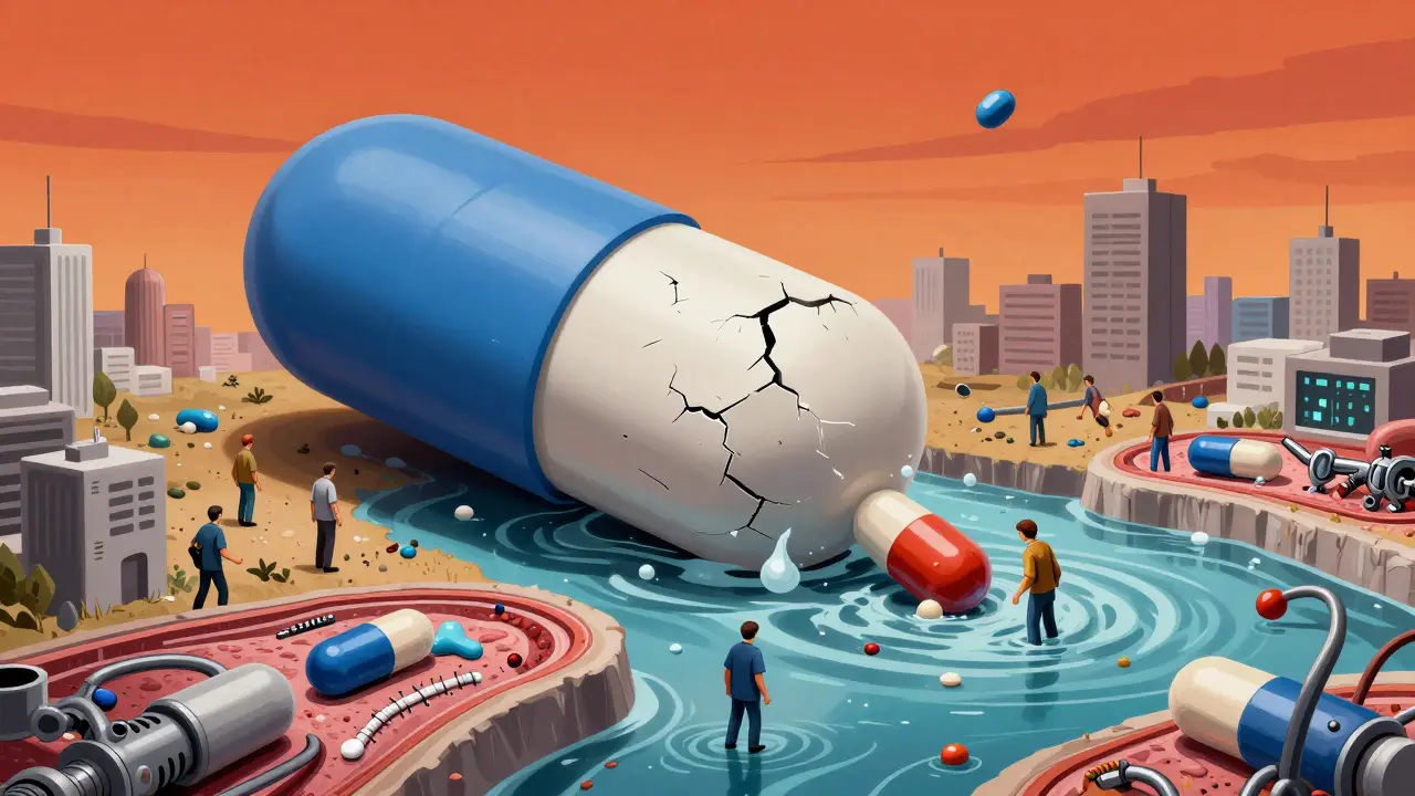 Giant extended-release pill towers over tiny humans, wastewater streams of polymer fragments flow beneath, under blood-orange sky.