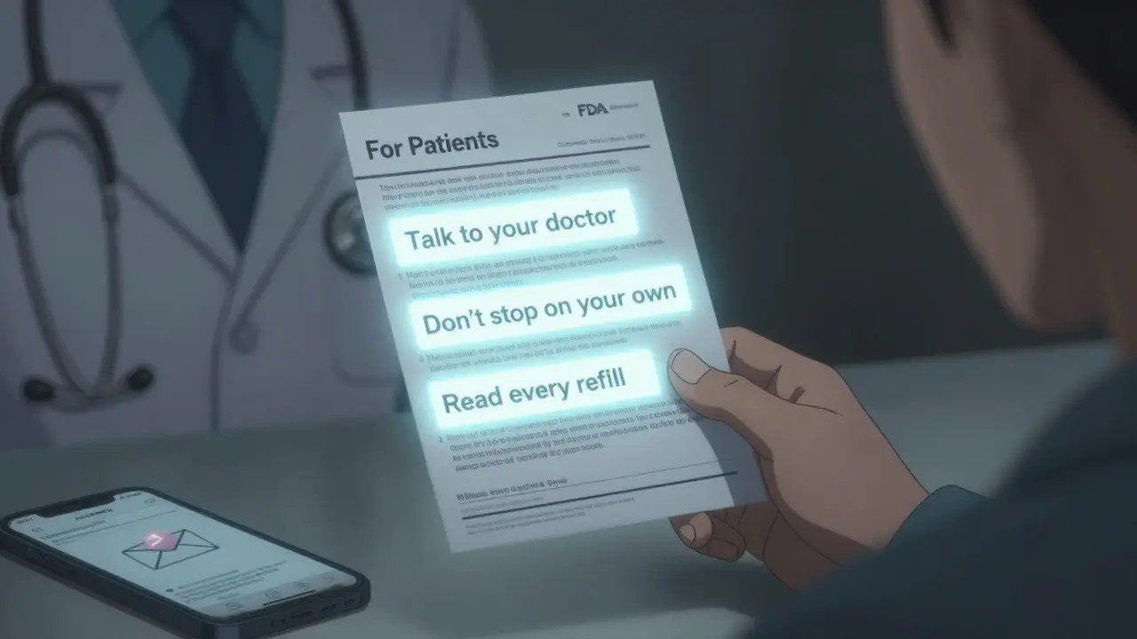 Hand holding a medication guide with floating safety instructions glowing in the air, doctor's stethoscope in background.