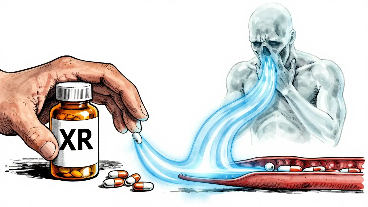 Hand reaching for XR pill as nausea ghost rises from immediate-release tablet, with steady blue drug stream entering bloodstream.