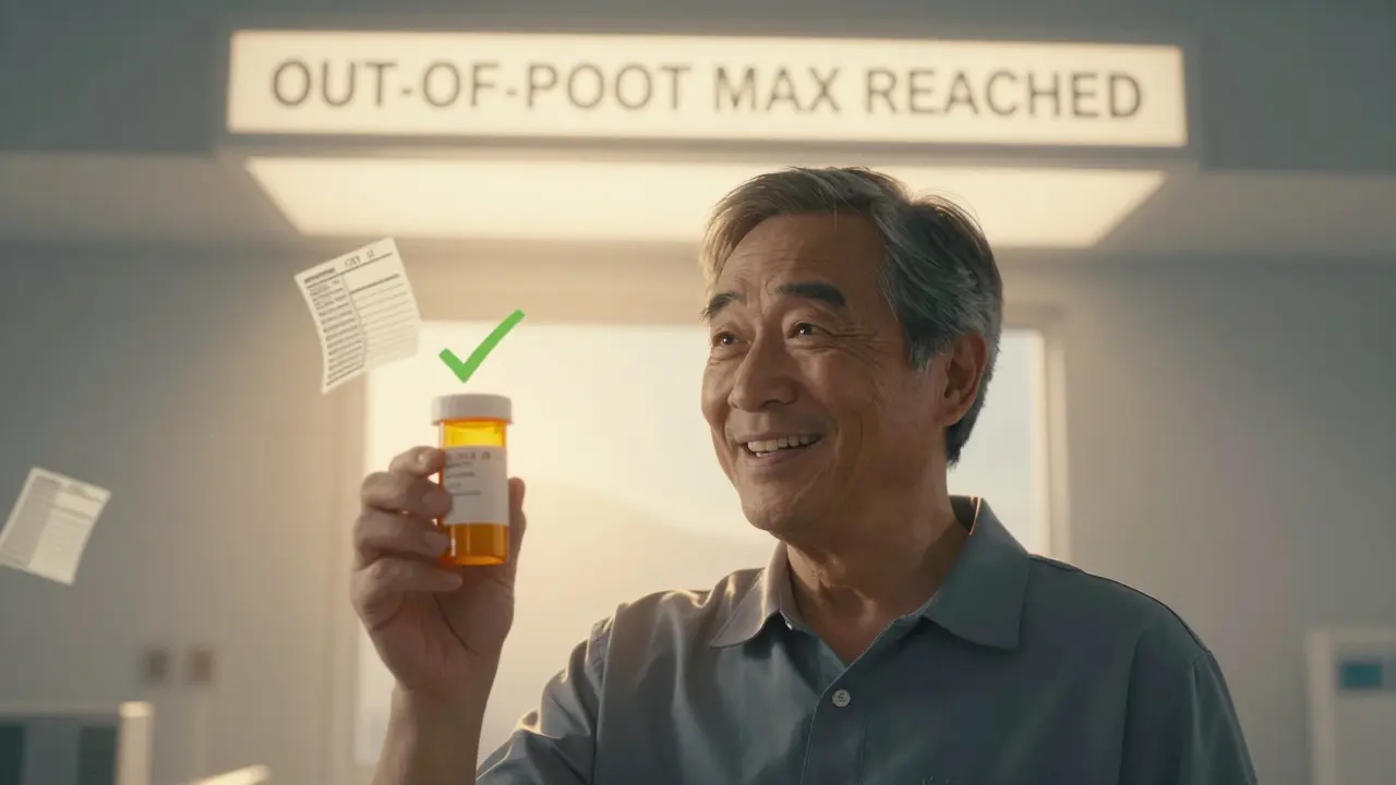 Man smiling as his out-of-pocket maximum is reached, with medical bills dissolving into light behind him.