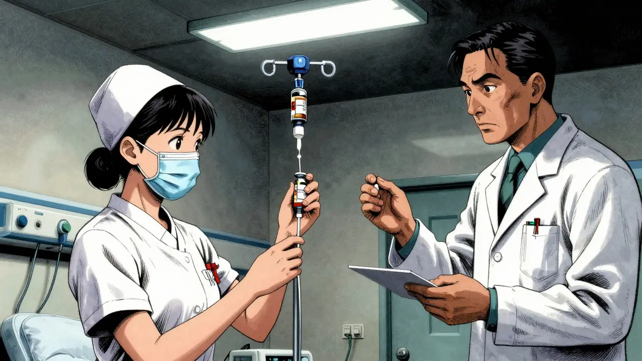 Nurses administer IV drugs as a generic vial leaks, with real-time patient monitoring data visible.