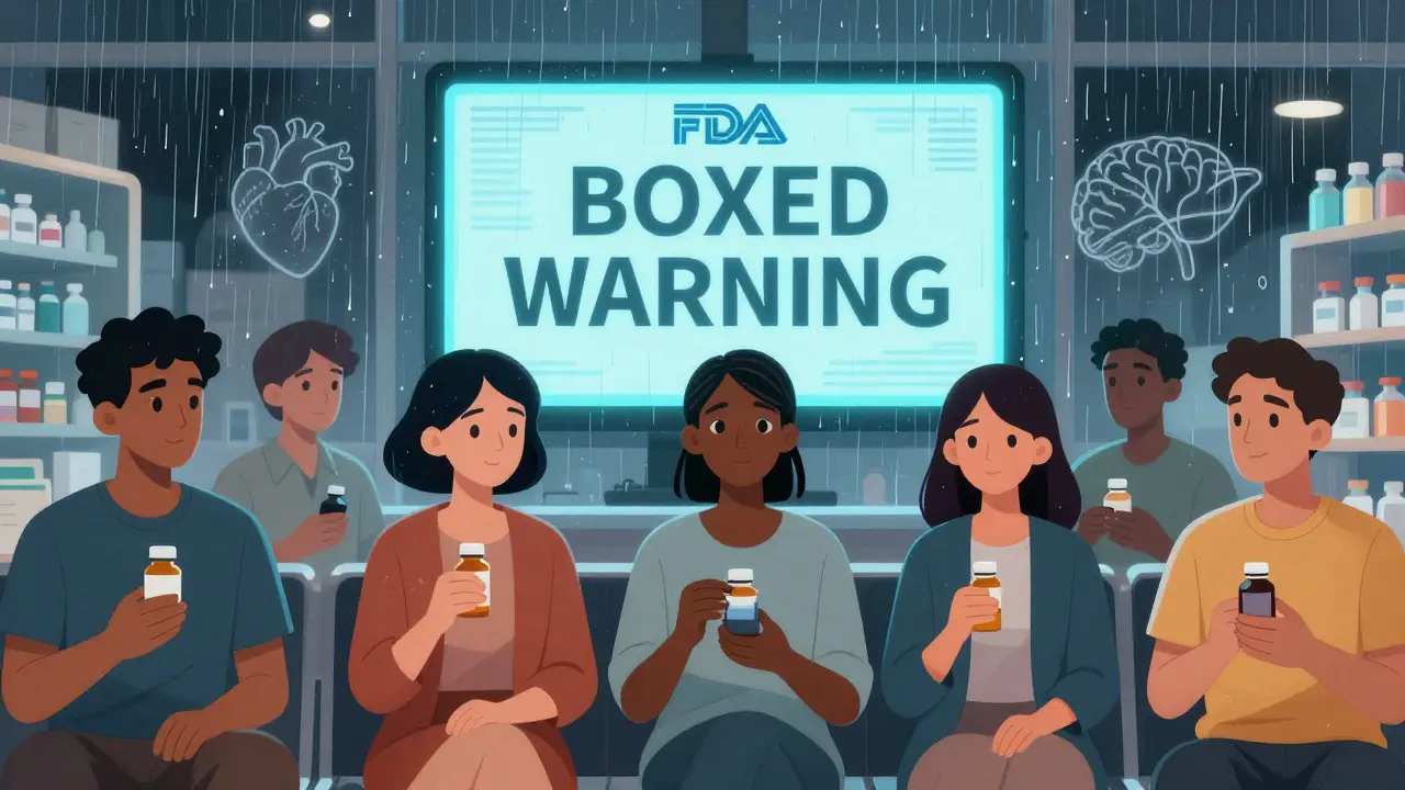 People in a pharmacy looking at a digital FDA warning screen with glowing risk symbols behind them.