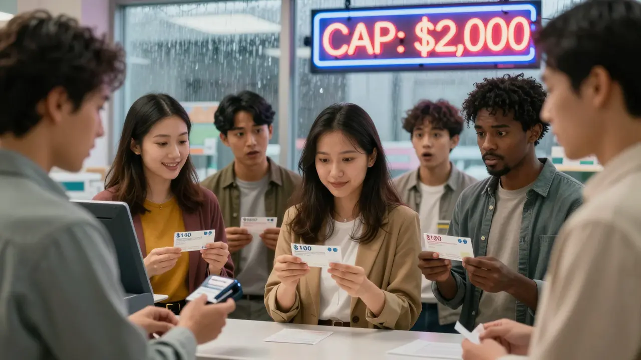 People in a pharmacy waiting room reacting differently to prescription costs, with a neon sign reading '2025 CAP: ,000'.