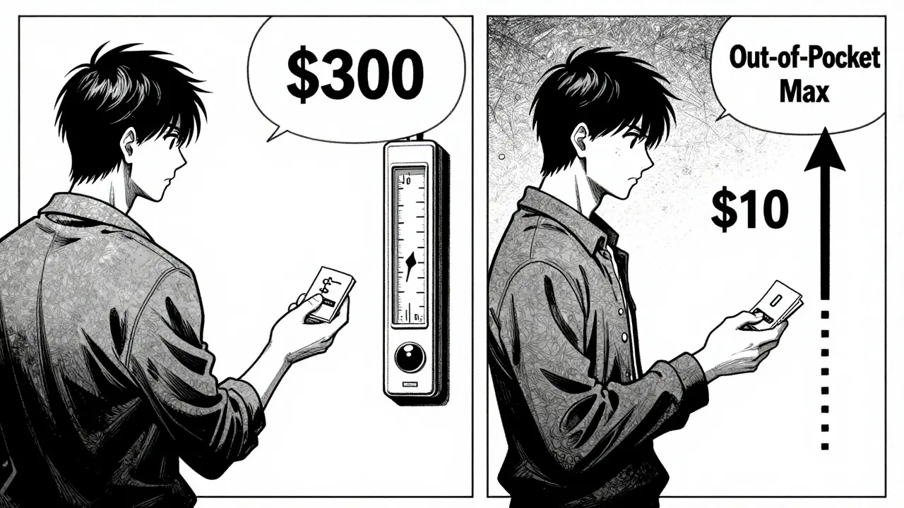 Split-panel manga showing deductible payments versus copay payments, rendered in gritty black-and-white ink.