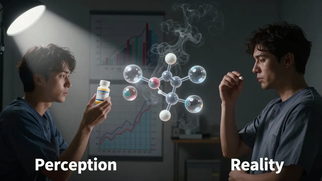 Split scene of patient perception versus reality with identical drug molecules floating between.