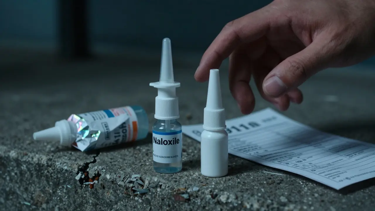 Two naloxone nasal sprays side by side—one used, one unused—on an urban ledge with trembling hand nearby.
