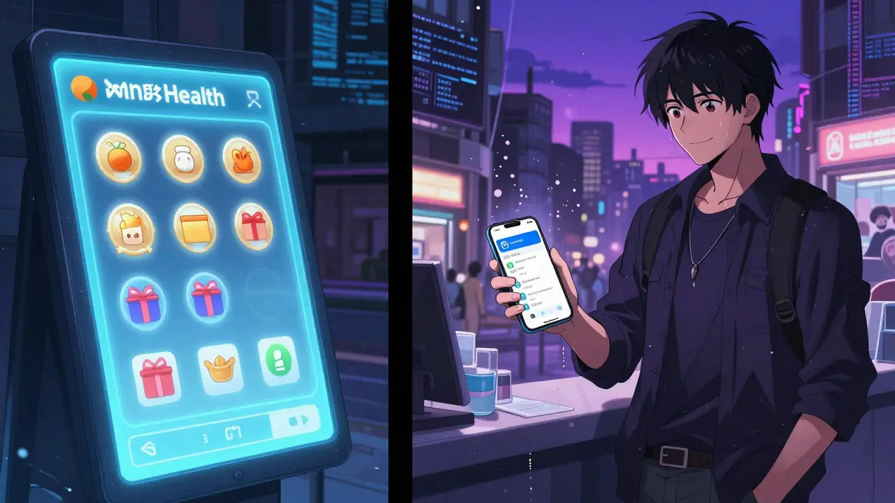 Young adult celebrating app rewards, then picking up prescription, digital data glowing in city dusk.