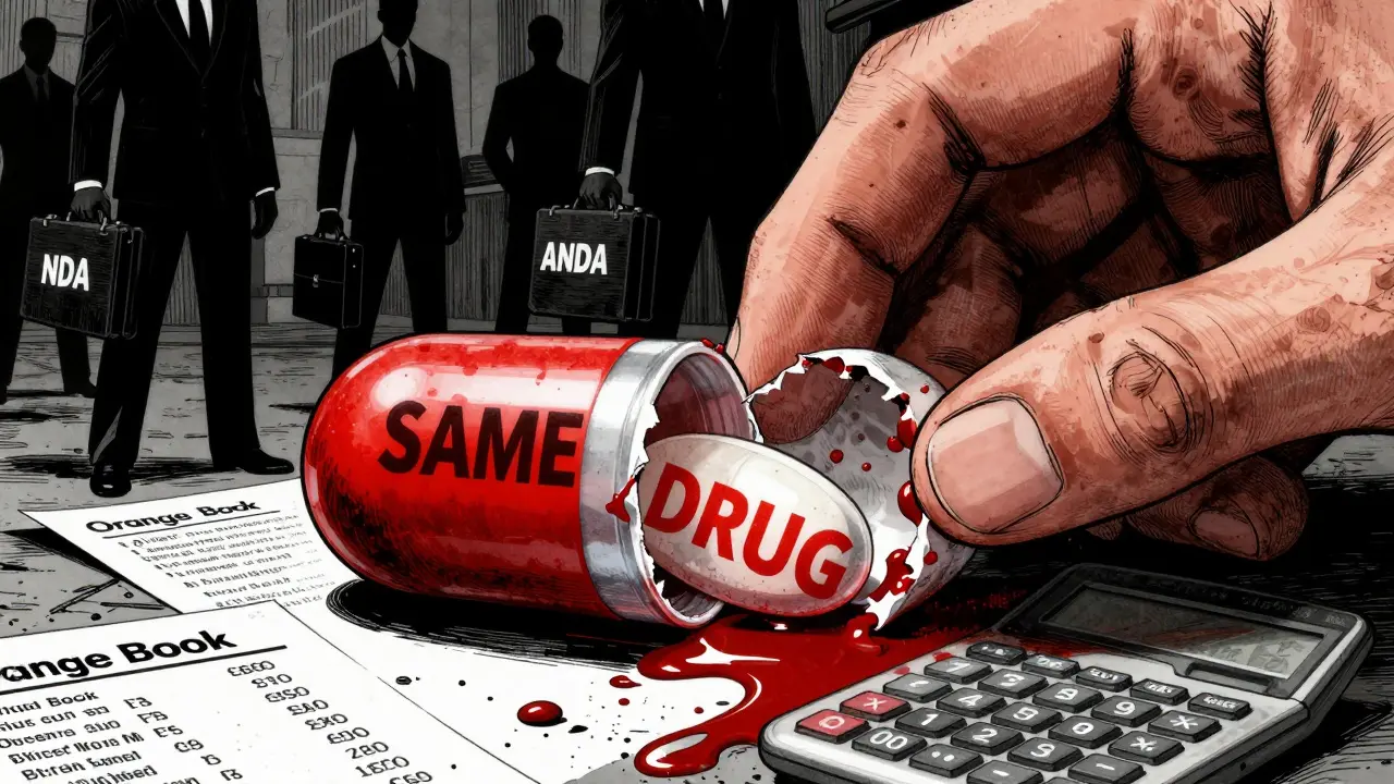 A hand tearing open a branded pill capsule to reveal an identical unmarked pill inside, with corporate shadows in the background.