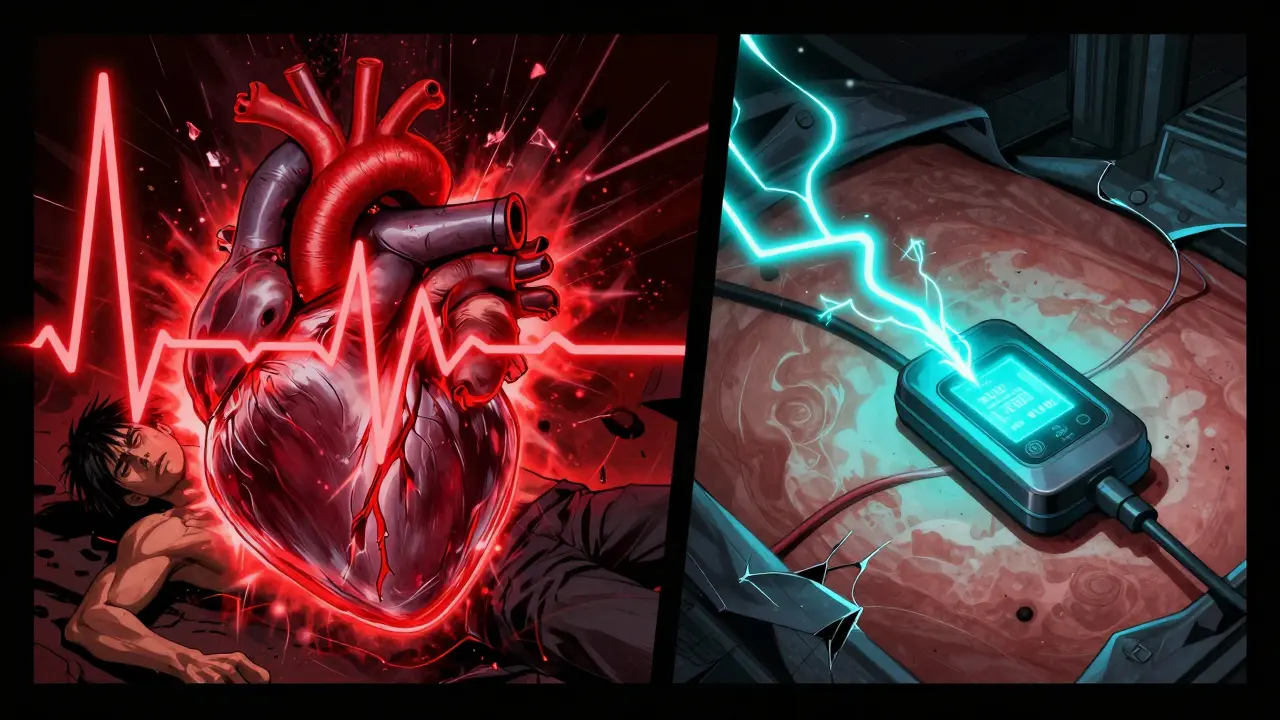 A man collapsing as a violent heart rhythm surges, while a glowing ICD device stabilizes his heartbeat.