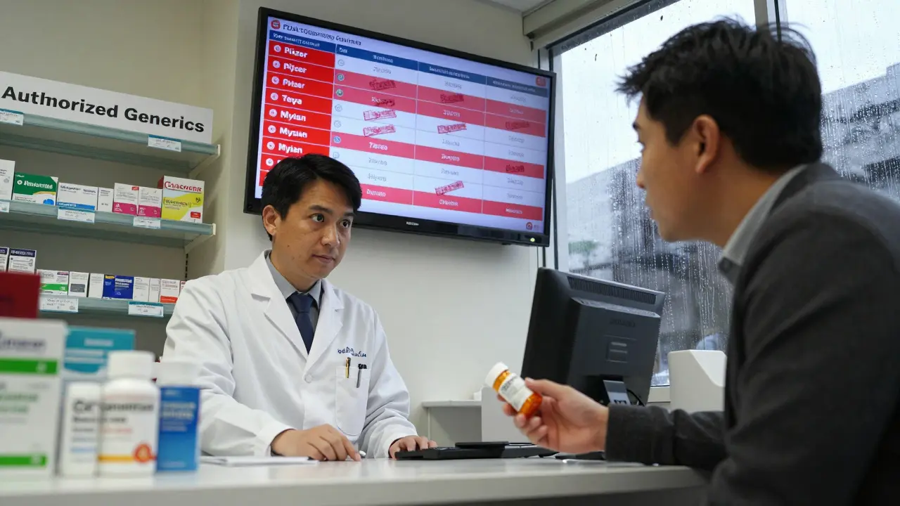 A pharmacist and customer at a pharmacy counter, with a wall display showing FDA drug list entries and fading product labels.