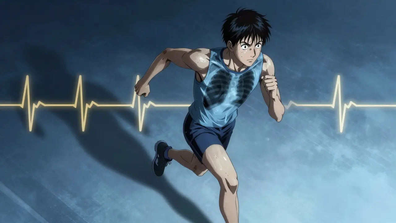 A runner showing signs of dizziness, his slow heartbeat represented as faint pulses in an X-ray overlay.