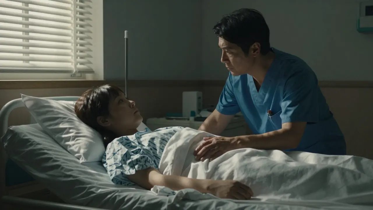 Caregiver watching over patient in a softly lit medical room