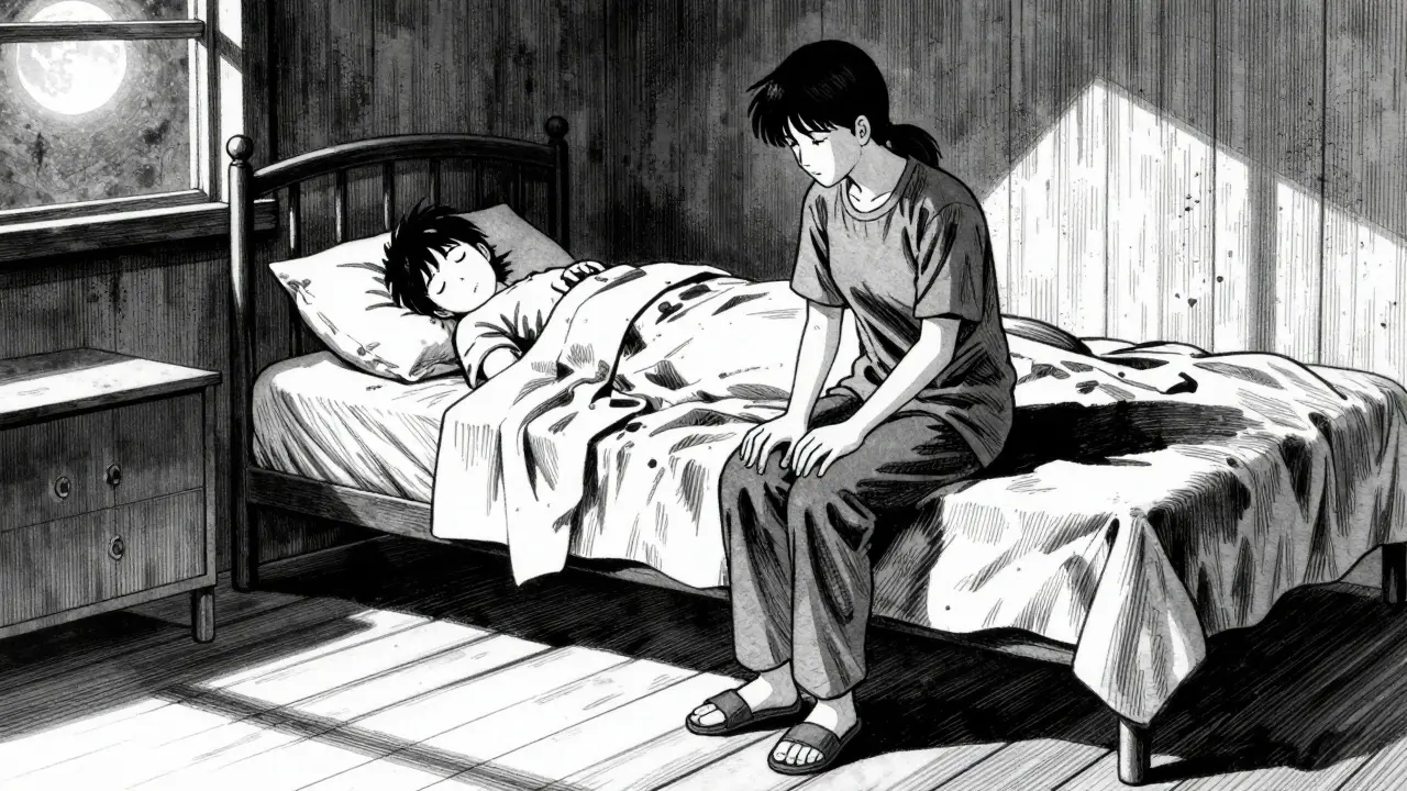 Caregiver watching patient sleep restlessly in dark bedroom, moonlit