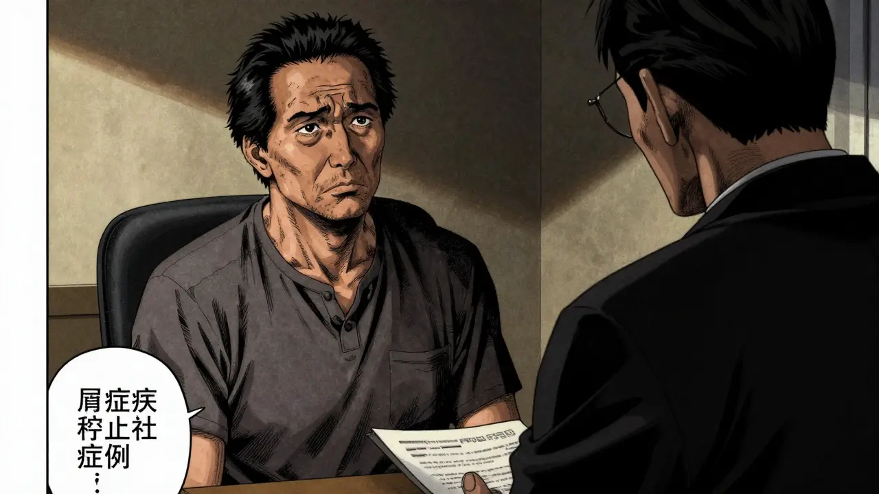 Concerned patient listening to doctor in a dimly lit office.