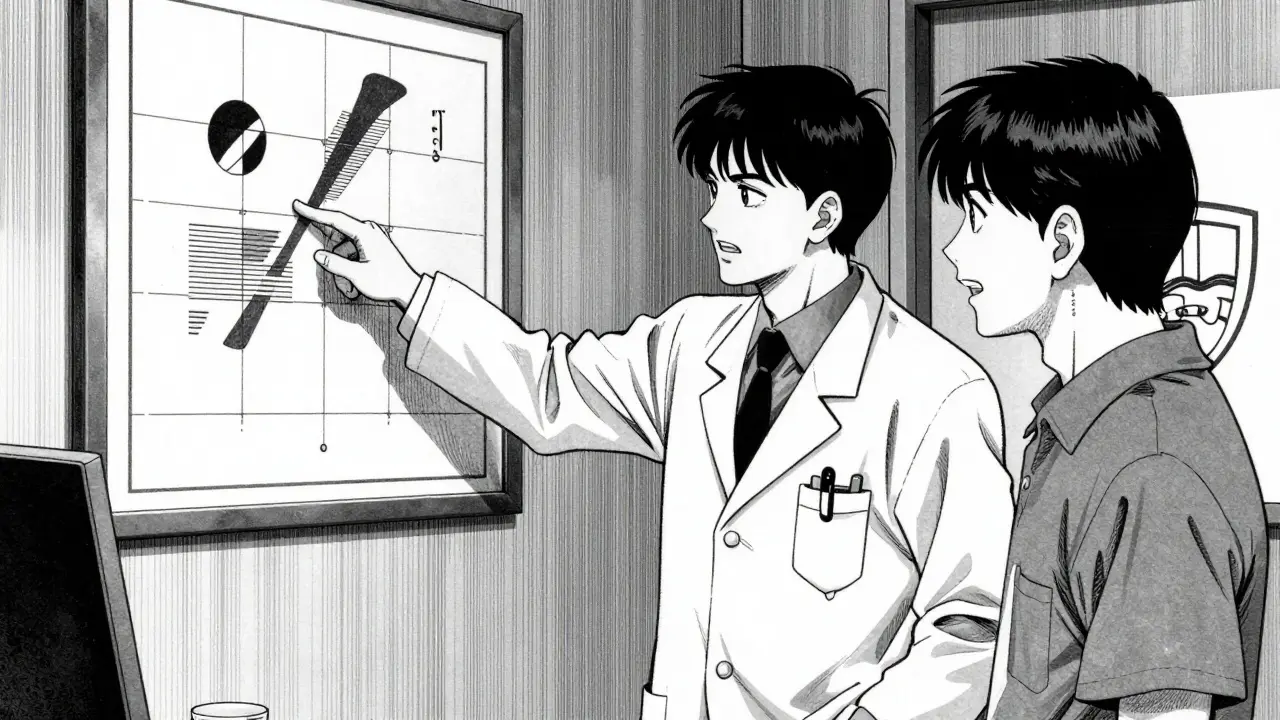 Doctor consulting patient in clinic, abstract diagram on wall, hopeful