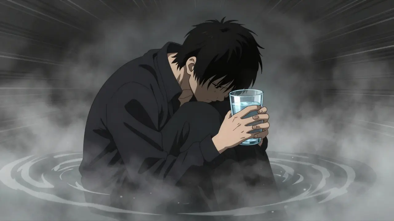 Figure holding water amidst heavy mist representing mental fog.