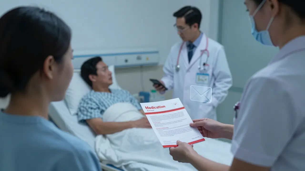 Nurse giving a Medication Guide to a patient being discharged from hospital.