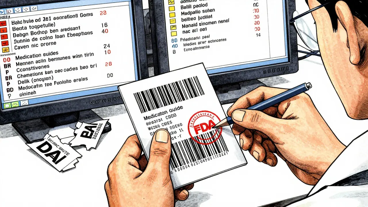 Pharmacist scanning a Medication Guide with updated FDA version visible.
