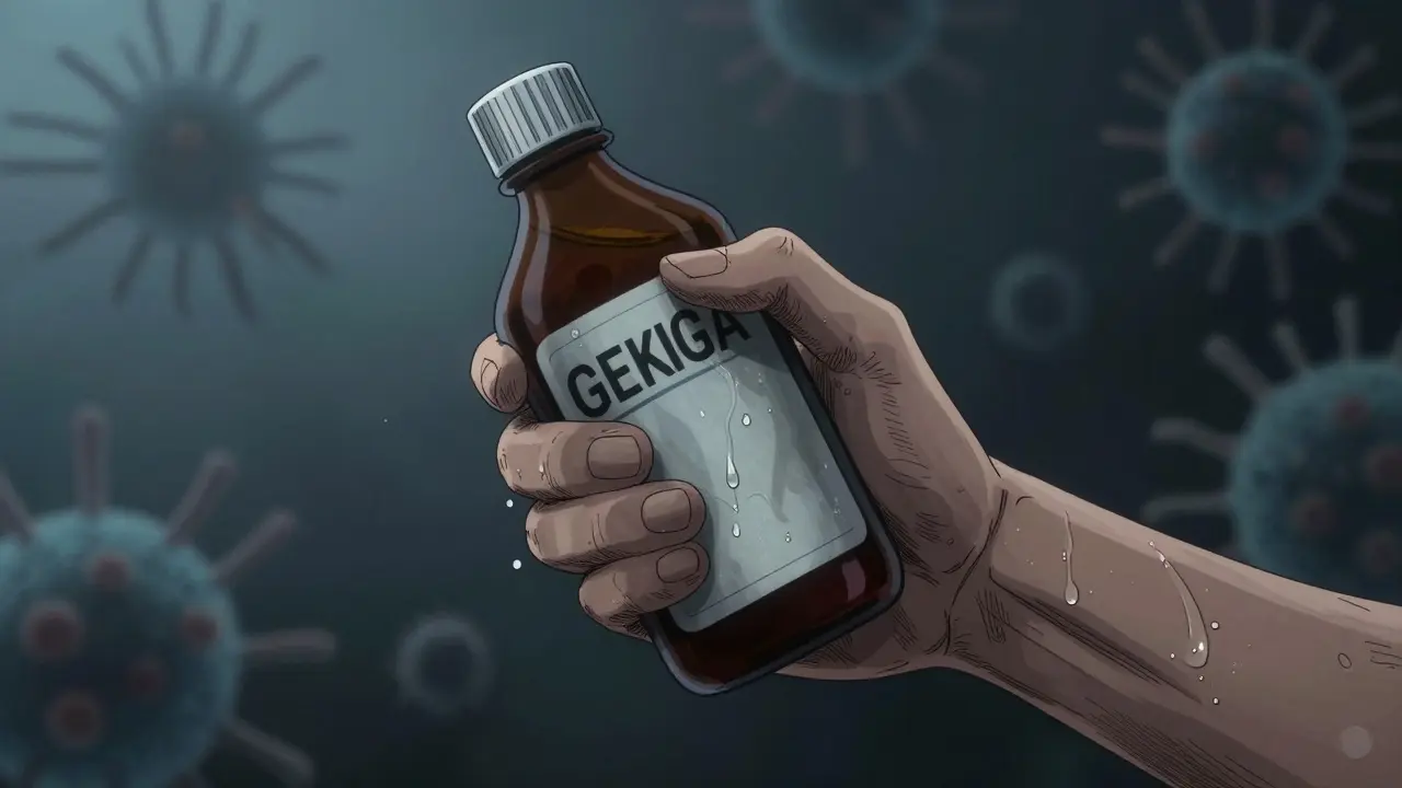 Sick individual clutching medication bottle with sweating forehead