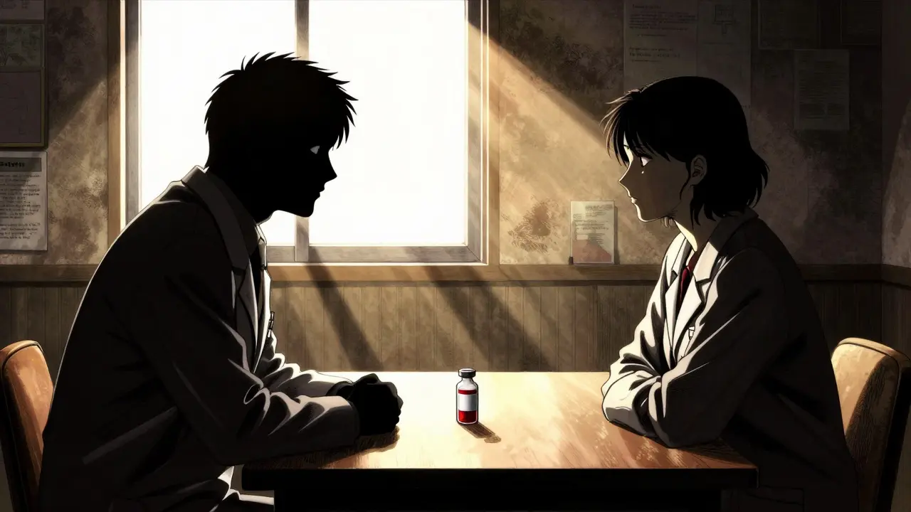 Silhouettes of doctor and patient discussing treatment plan in light.