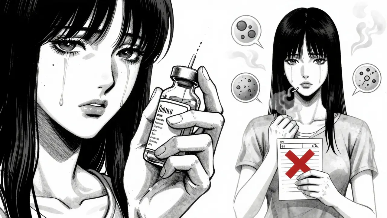 Woman holding a penicillin bottle, haunted by memories of a past reaction, with floating symptom icons in shadowy Gekiga style.