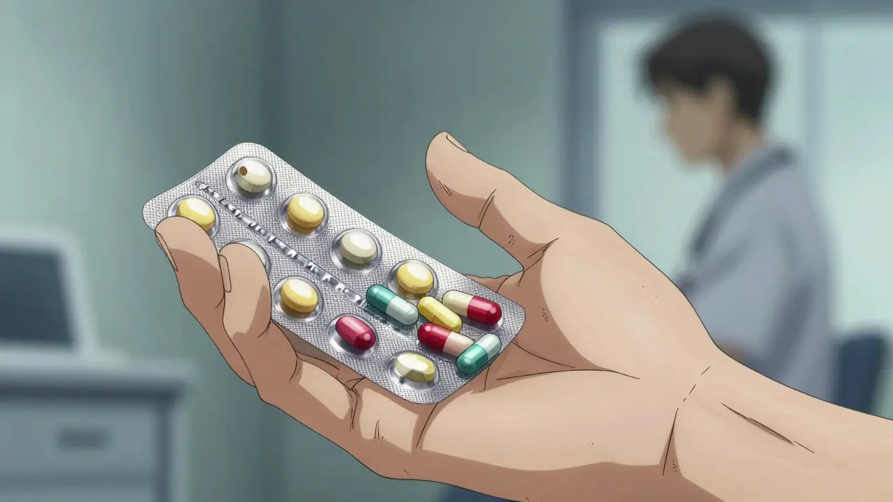 A close-up of TB medication tablets in a sterile clinical environment, Gekiga style.