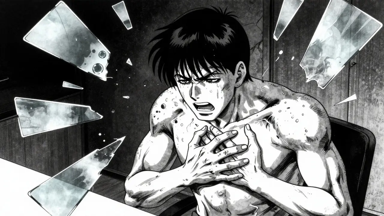 A man coughing intensely as internal barriers shatter in a dramatic Gekiga manga style.