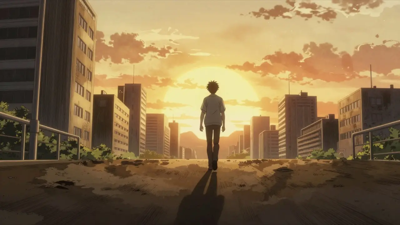 A person walking toward a bright sunrise in a detailed Gekiga anime style.