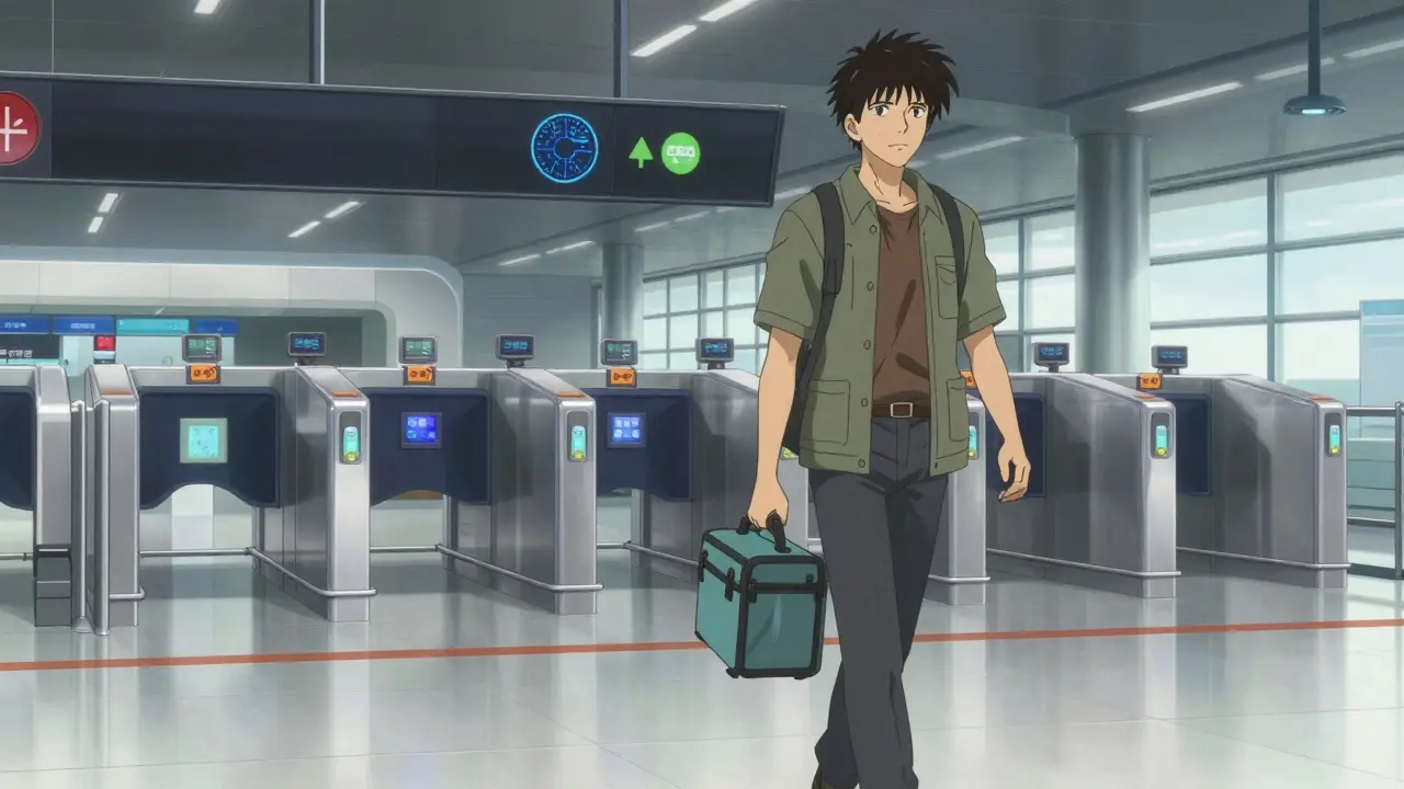 A traveler walking through a modern airport terminal toward AI-assisted security screening.