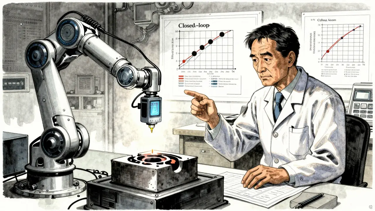 AI sensor detecting a product defect and an engineer analyzing a technical chart for root cause.
