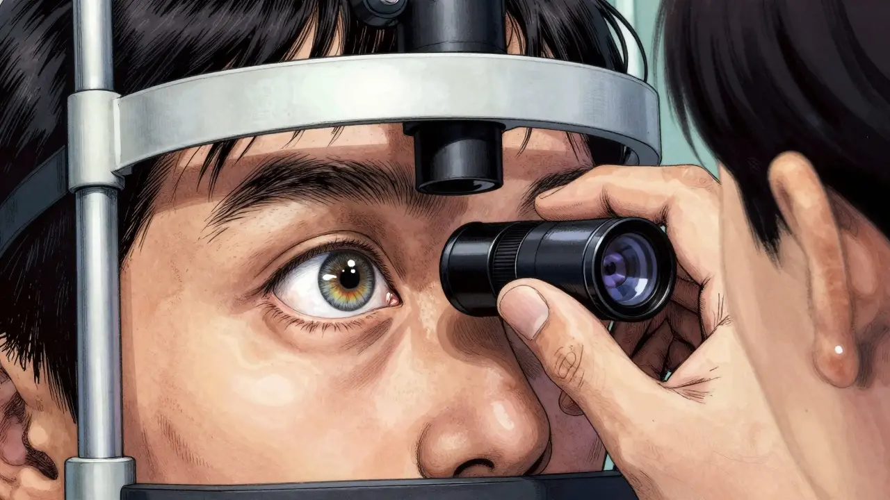 Close-up of a doctor performing an eye exam to check for optic nerve swelling.