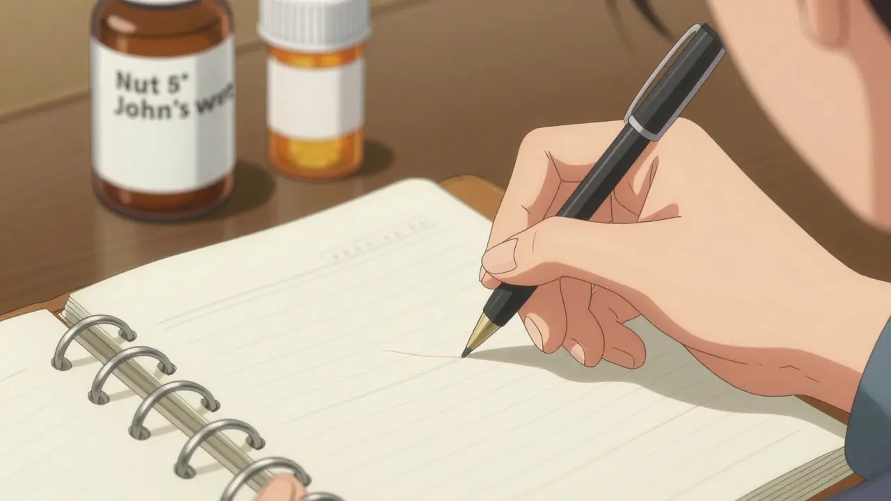 Close-up of a woman tracking her health symptoms in a notebook next to herbal supplements.