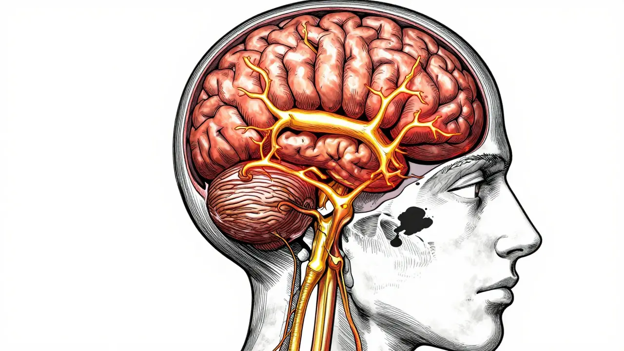 Conceptual cross-section of a head showing high pressure on the brain and optic nerve.