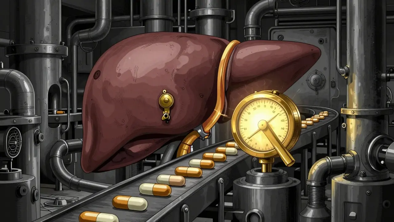 Conceptual Gekiga illustration of a liver as machinery with a golden dial controlling medication flow.