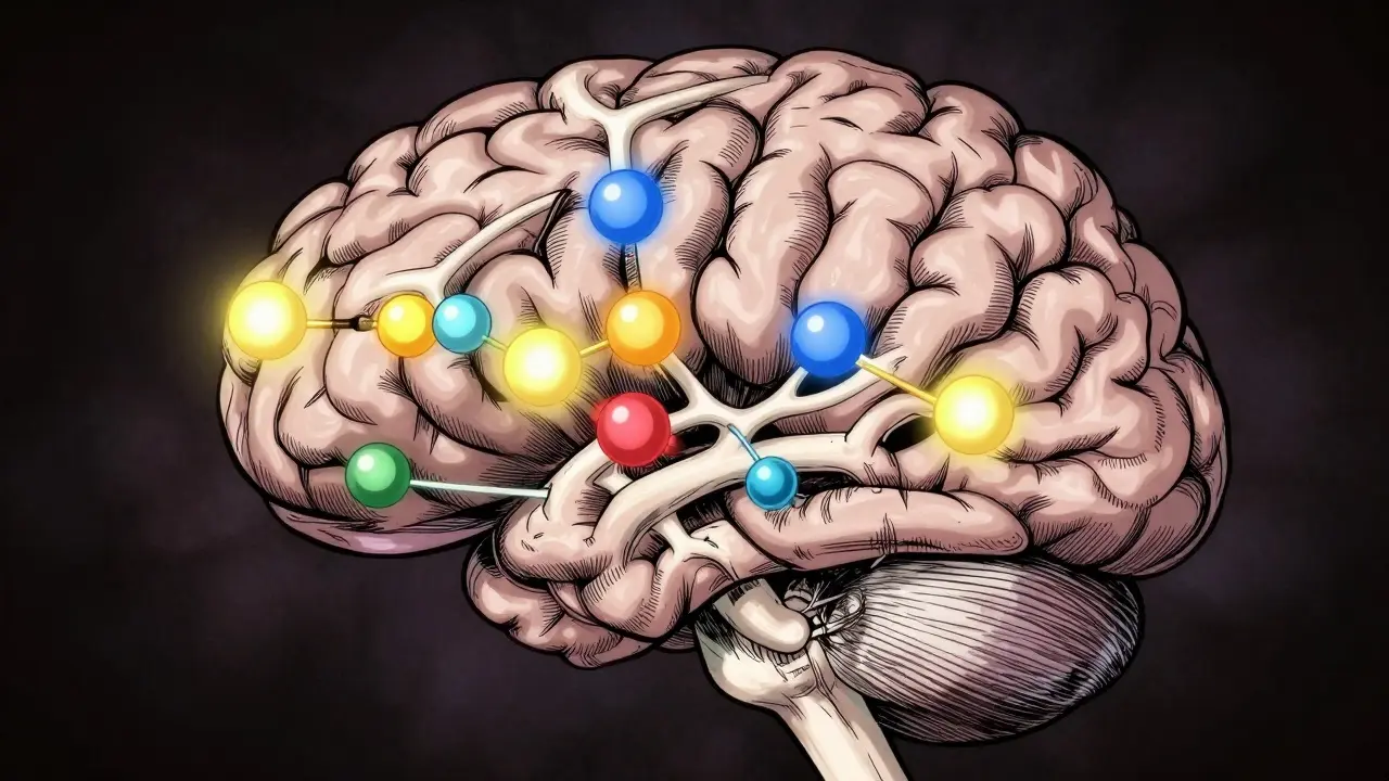 Conceptual Gekiga illustration of glowing neurotransmitters connecting in the brain.