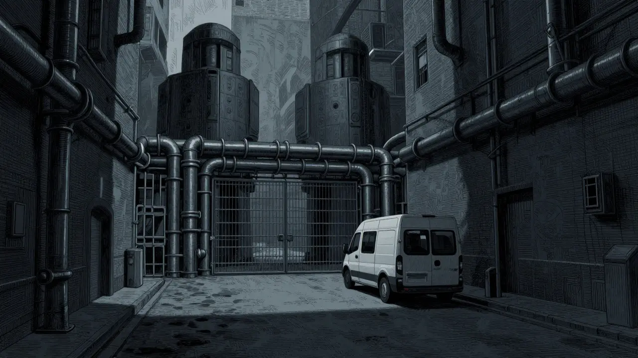 Corporate monoliths block a path with steel gates in a shadowy alleyway.