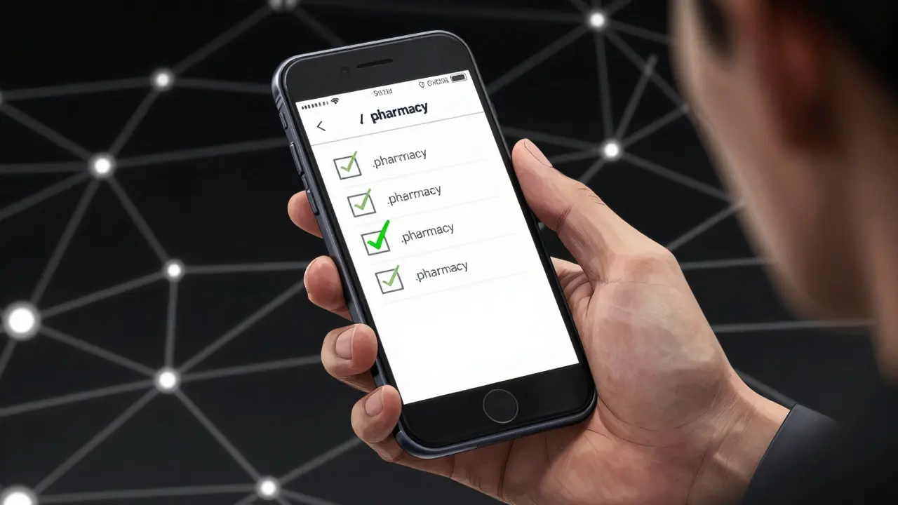 Hand holding a phone verifying a pharmacy website in Gekiga anime style.