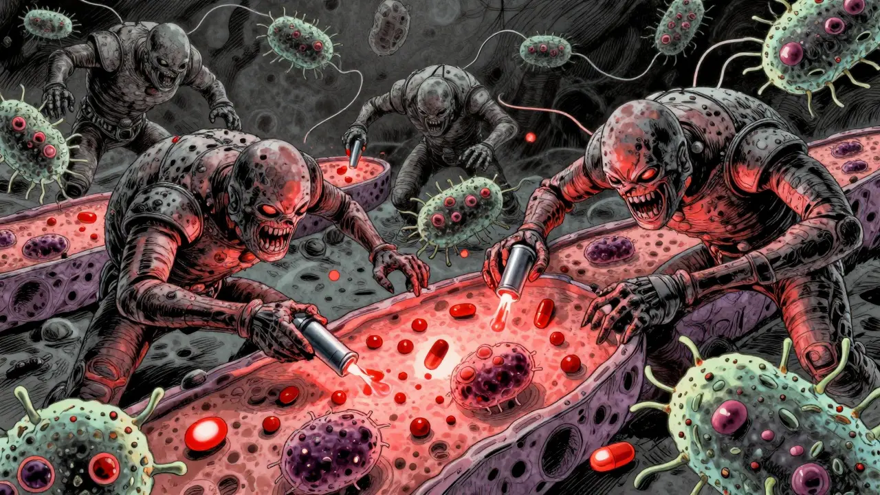 Microscopic bacteria using efflux pumps to eject antibiotic medication.